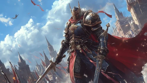 Heavily armored crusader king framed against Gothic citadel