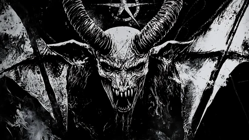 Nightmarish horned demon bursts from shadow in stark monochrome