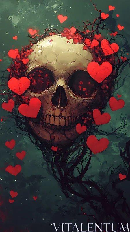 Cranial skull entwined with red heart motifs and dark roots