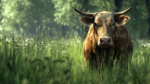 Sunlit highland cow stands in dense meadow under soft bokeh light