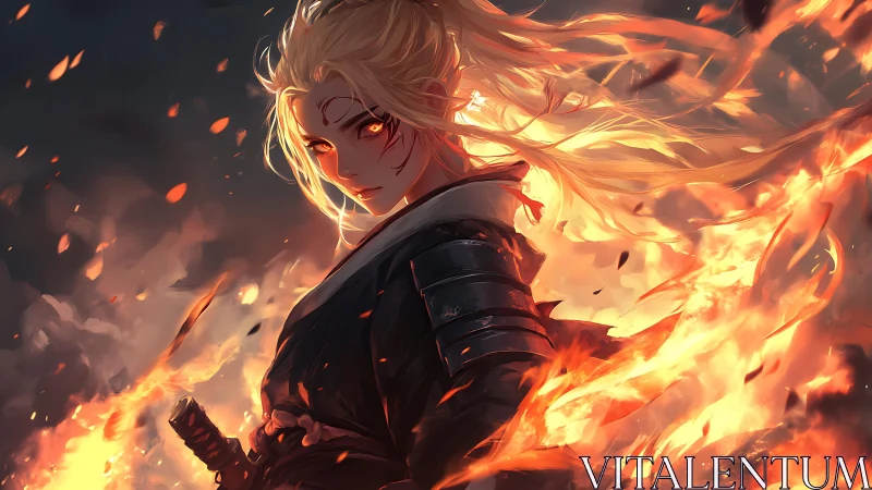 Blonde warrior figure amid swirling flames and embers.