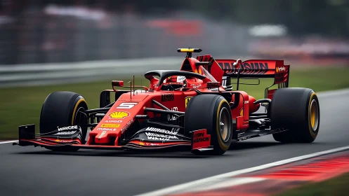 Red Formula 1 race car attacking fast chicane at speed.
