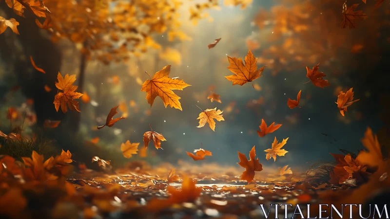 Golden autumn leaves dancing through soft forest light.