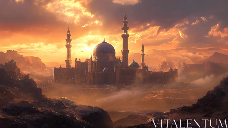 Sunlit desert citadel beneath blazing golden skies.