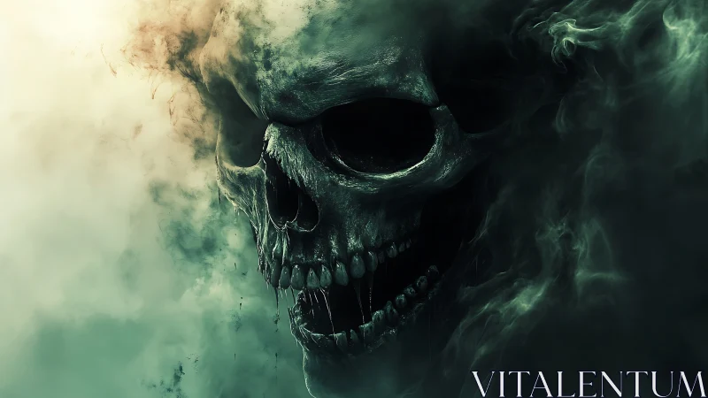 Spectral skull emerging from swirling toxic green mist.