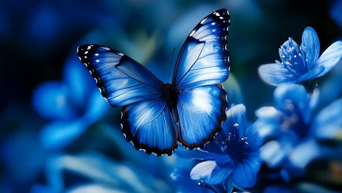 Photorealistic macro study of blue butterfly on blossoms.