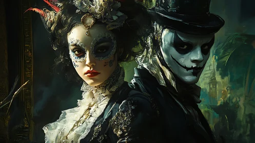 Masked couple in ornate costumes with dramatic lighting.