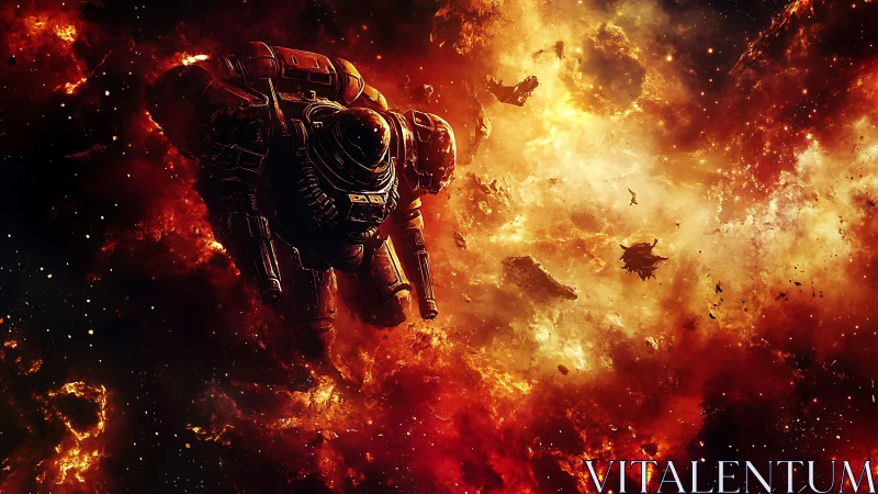 Armored astronaut drifts through burning cosmic debris field.