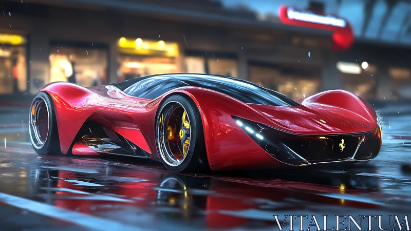 Red futuristic sports car on wet urban street at night.