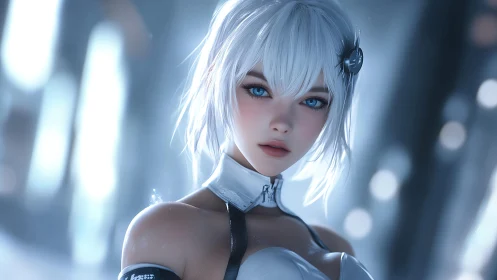 Silver-haired cyber muse gazes through frostlit neon hush.