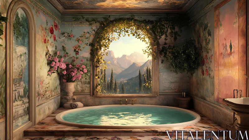Luxe classical bath retreat with sunlit mountain panorama.