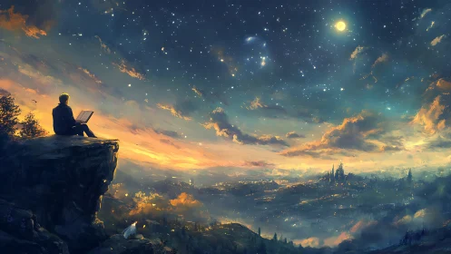 Stargazing coder on a cliff above a dreaming cityscape.