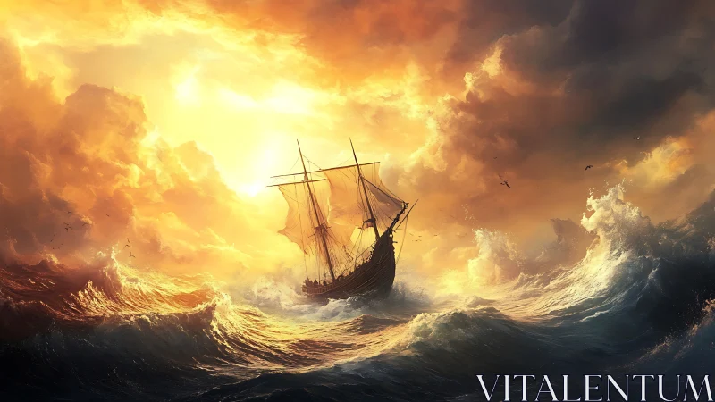 Storm-tossed galleon cuts through blazing sunset waves