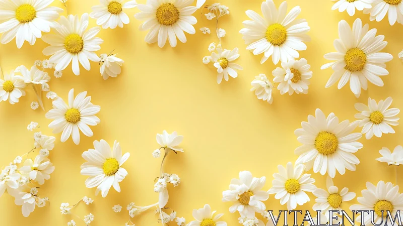 White daisies with yellow centers arranged on golden background