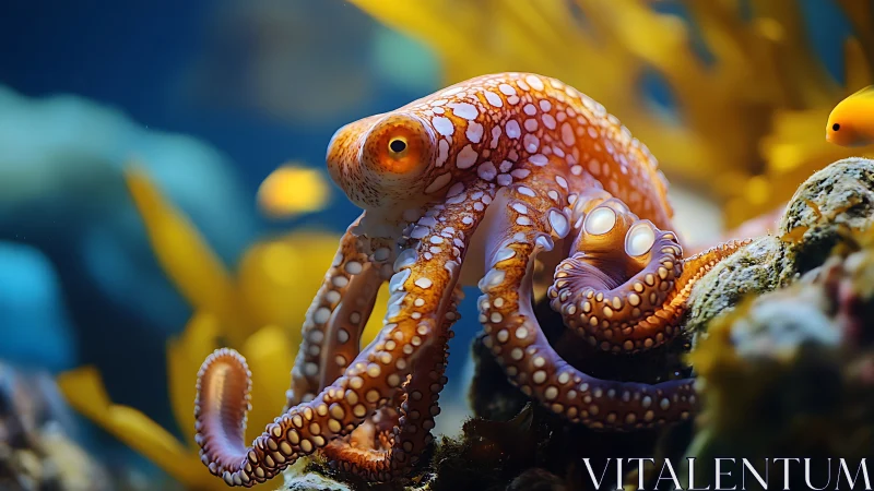 Spotted orange octopus explores vivid coral reef scene.