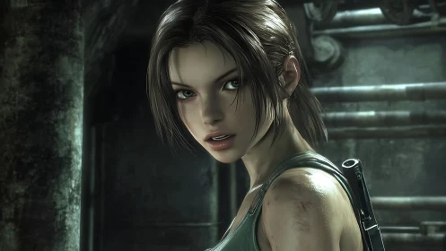 Tough female adventurer rendered in moody 3D detail.