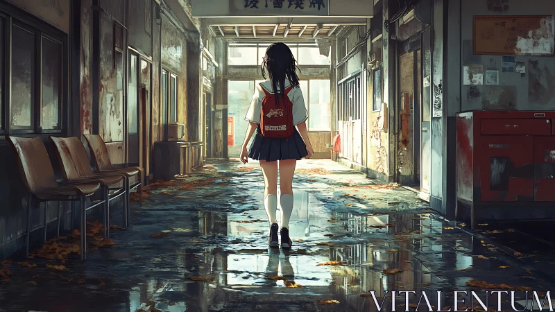 Solitary schoolgirl crossing rain soaked abandoned corridor