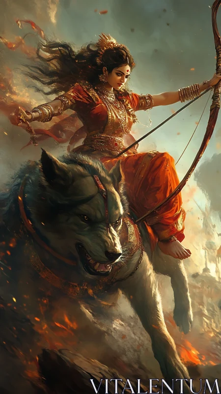 Warrior goddess astride colossal wolf charges through fire.