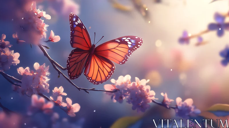 Monarch butterfly glows over pastel cherry blossoms at dusk.