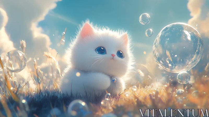 Ethereal White Kitten Among Soap Bubbles.