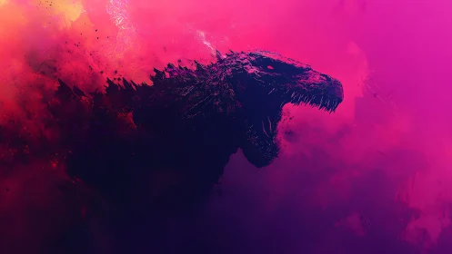 Roaring shadow kaiju emerges from neon magenta storm