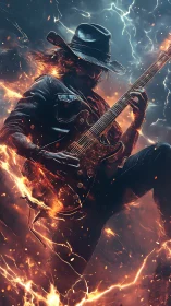 Electric guitarist in fiery storm with dynamic lighting.