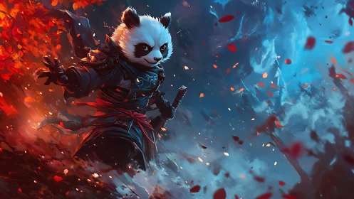 Martial panda warrior storms fiery autumn battlefield.
