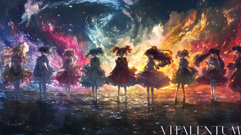 Celestial girls stand united before swirling elemental skies