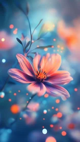 Luminous peach flower glows against soft teal bokeh haze