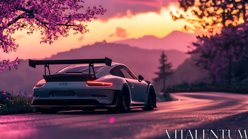 Sunset track curve with white GT sports car in bloomscape.