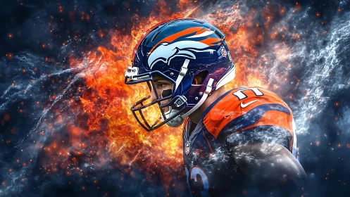 American football player in profile with fire backdrop.