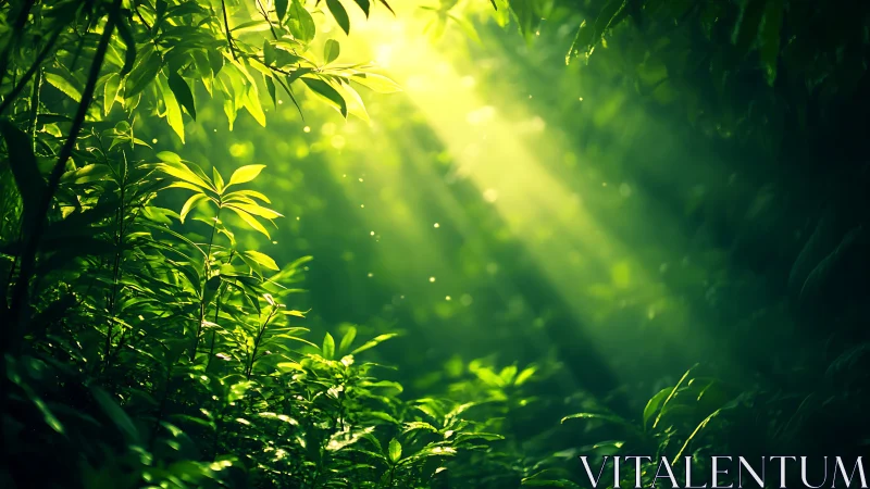 Sunlight penetrates dense green foliage in a forest understory