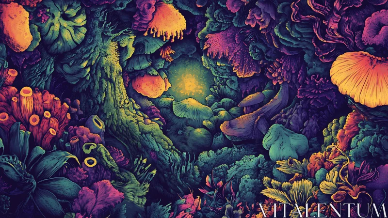 Bioluminescent forest scene shows dense alien foliage