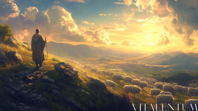 Shepherd’s golden trail above a sun-struck valley of wool.