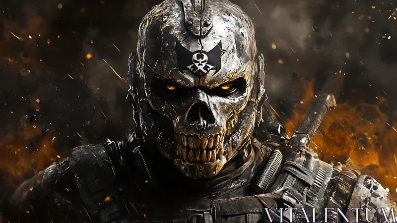 Armored skull-helmet soldier rendered with high-detail lighting and embers