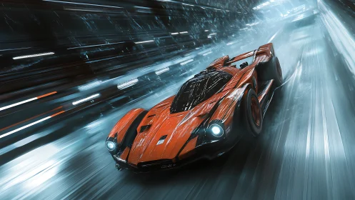 Scarlet hypercar slicing through neon stormed tunnel.