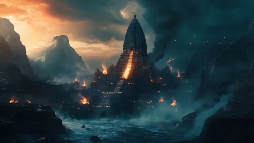 Burning stone temple in stormy coastal mountain landscape.