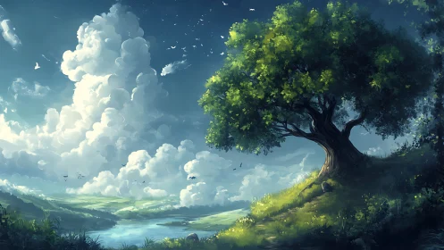 Sunlit hilltop tree overlooks serene river under vast clouds