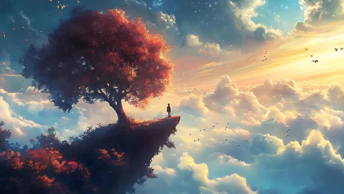 Solitary figure on crimson tree cliff above radiant clouds.