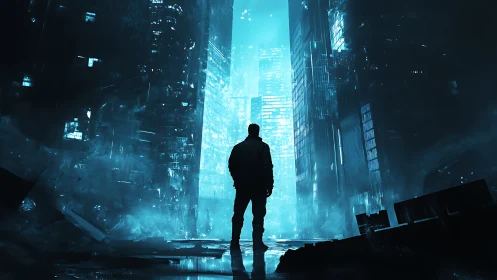 Solitary figure in neon blue dystopian alleyway skyline.