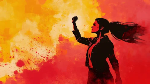 Confident Woman Raising Fist in Bold Watercolor Art Style.