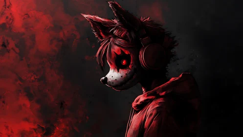 Anthro fox with headphones stares through red shadow haze