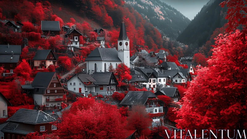 Crimson valley village glows softly around a quiet white church