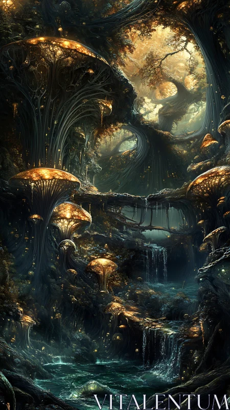 Bioluminescent mushroom forest with cascading emerald waterfalls.