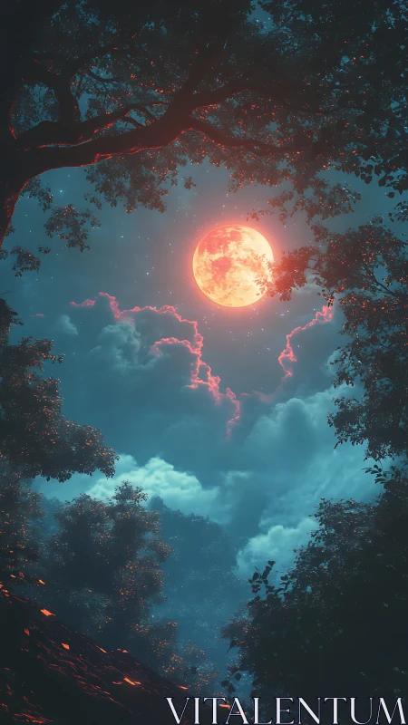 Crimson moon rises above a dreamlike enchanted forest sky