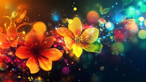 Luminescent Flowers Against Dark Background with Particle Effects
