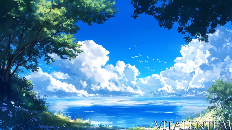 Serene blue shoreline framed by trees and summer clouds.