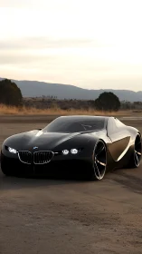 Futuristic black concept car glides across a lonely desert road