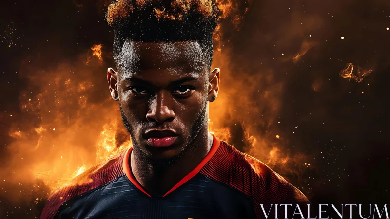 Intense football portrait with fiery cinematic energy.