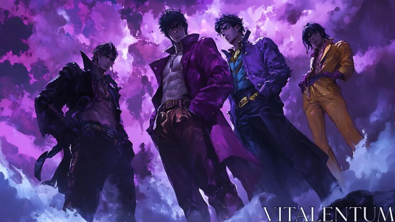 Stylish anime quartet standing bold in glowing purple mist.